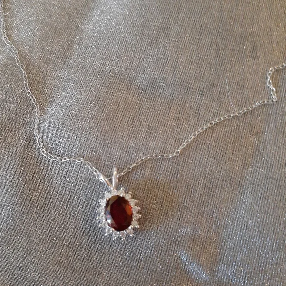 1/2 Price Marked Sterling Silver Genuine Garnet and White Topaz Pendant, Chain - Picture 1 of 12